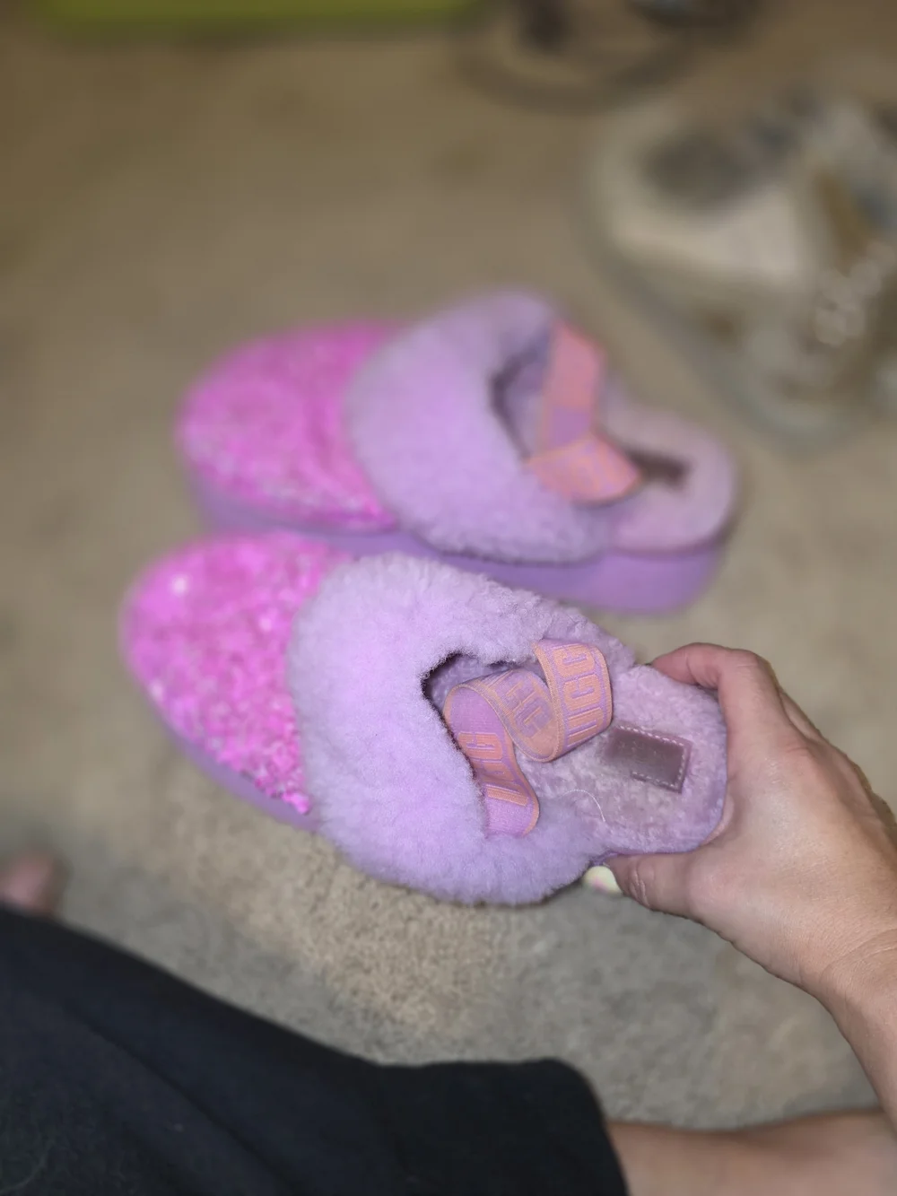 UGG Pink Plush Platform Slide Sandals